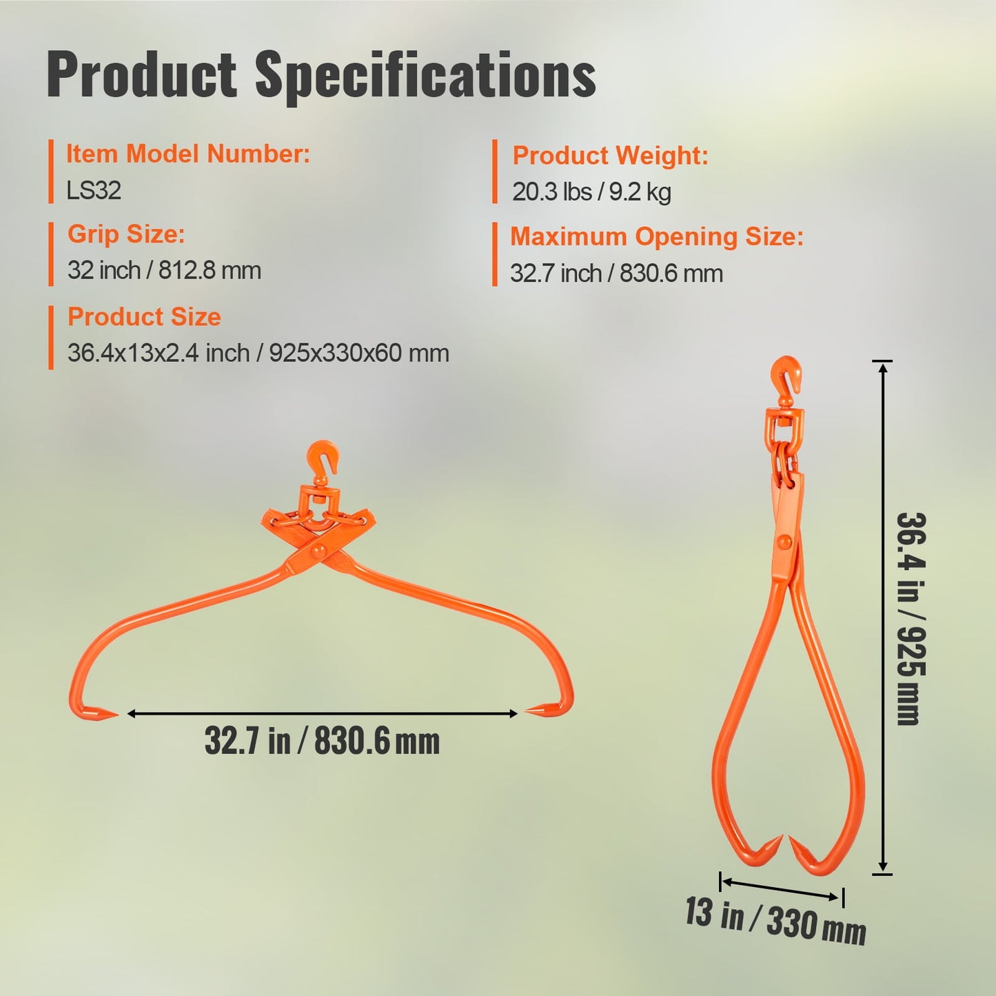 KFFKFF Lumber Handling Tongs, 32-inch 2-Pronged Log Lifting Tool, Robust Rotating Steel Wood Skidding Tongs, 1543 lbs/700 kg Load Limit, Ideal for Log Lifting, Management, Dragging & Transport