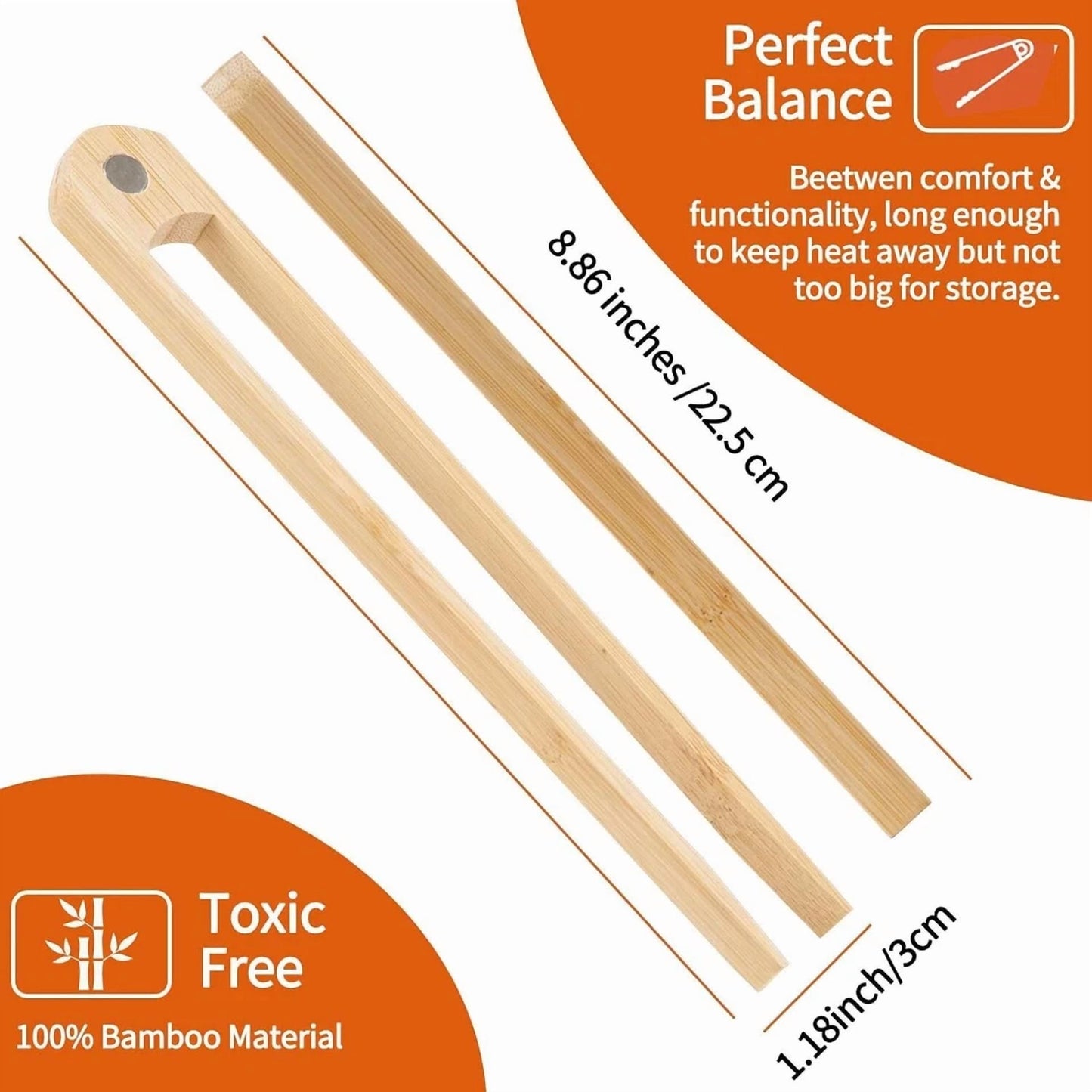 8.9 In Natural Bamboo Toaster Tongs With Magnetic Holder -Kitchen Utensils(1Pk)
