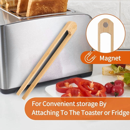 8.9 In Natural Bamboo Toaster Tongs With Magnetic Holder -Kitchen Utensils(1Pk)