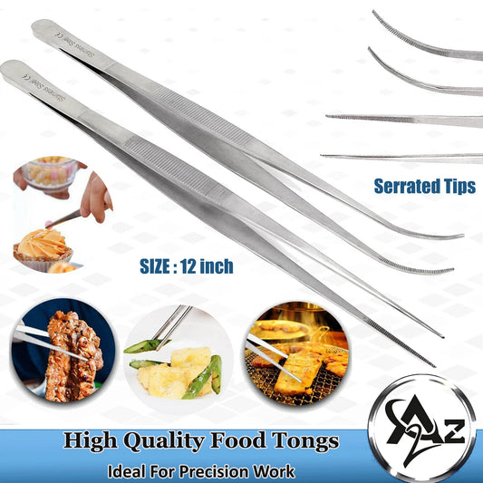 2 Kitchen Tweezers 12? Straight & Curved Precision Serrated Chef Long Food Tongs