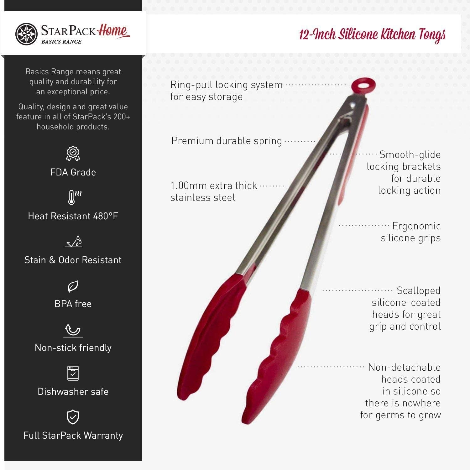 StarPack Basics Silicone Kitchen Tongs 12" Stainless Steel with Non-Stick Silicone Tips, Cherry Red
