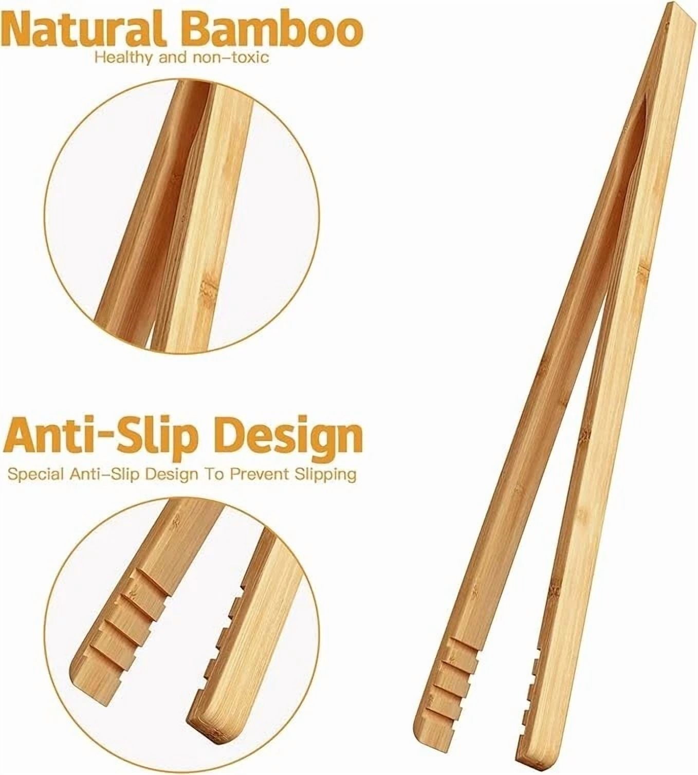2-Pack Bamboo Toast Tongs 10.2" Long, Anti-Slip Wooden Toaster Cooking Tongs