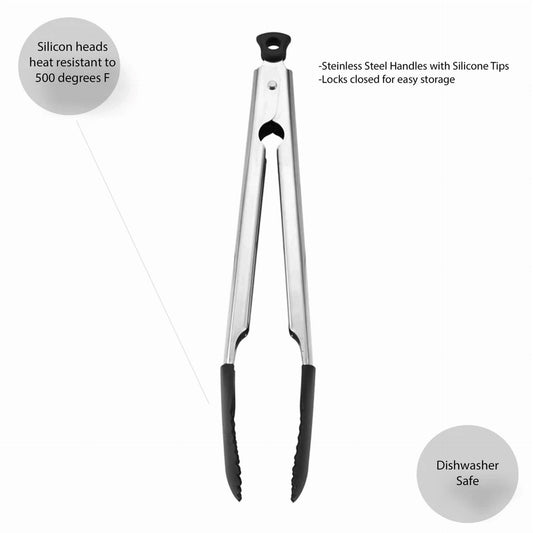 11-Inch Silicone Tip Locking Tongs Heat-Resistant Stainless Steel Kitchen Tool