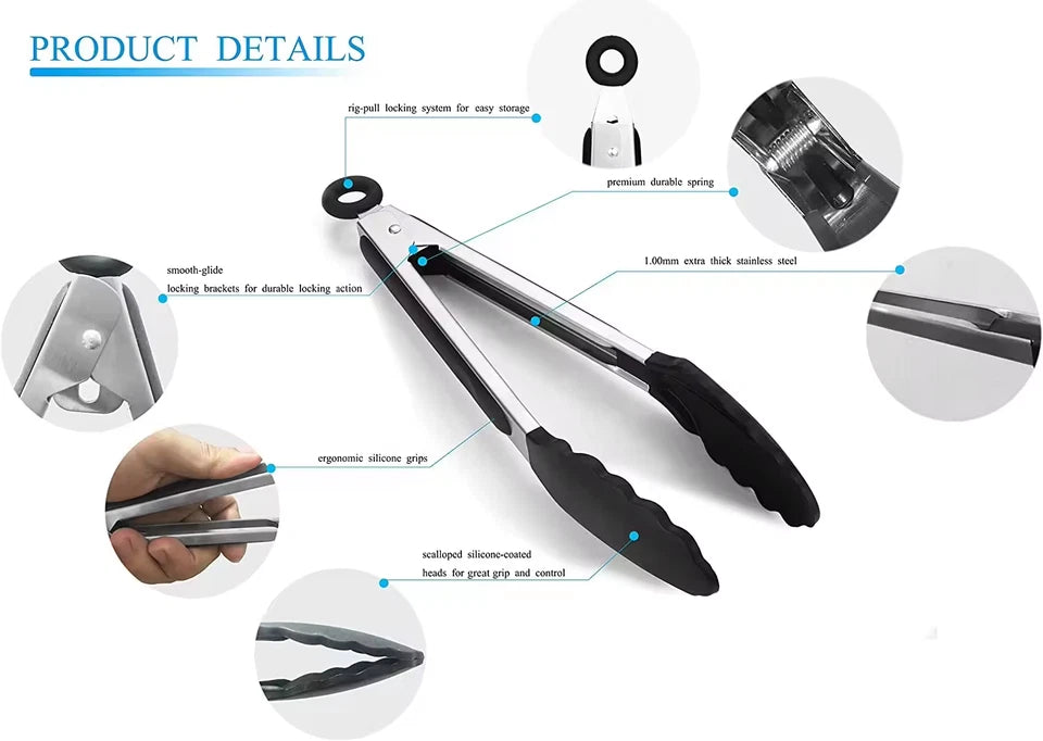 ?Ship Now - Kitchen Food Tongs Silicone Stainless Steel Set | White 9"/Black 12"