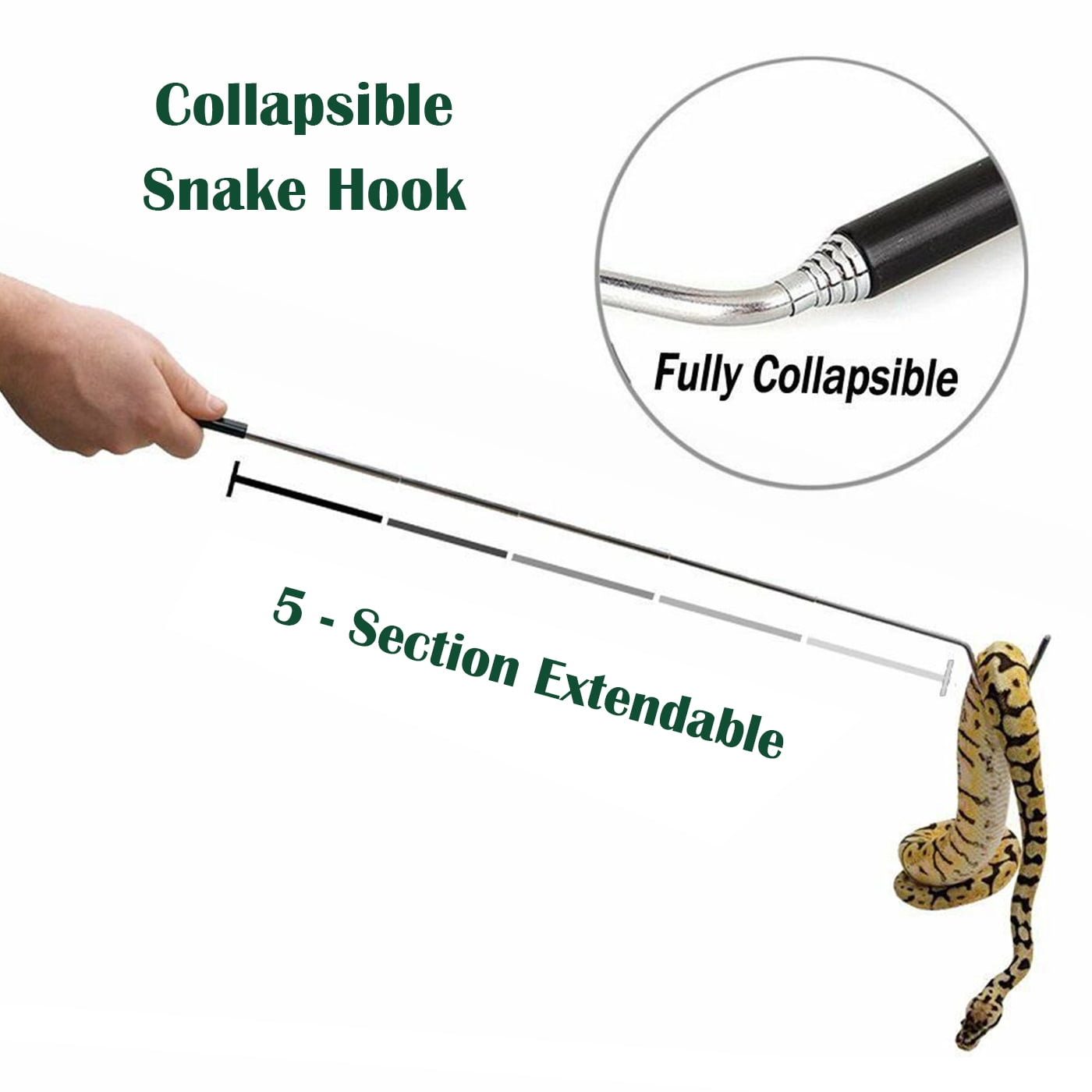 IC ICLOVER 47 inch Professional Standard Snake Tongs Reptile Grabber Rattle Snake Catcher Wide Jaw Handling Tool with Collapsible Stainless Steel Hook