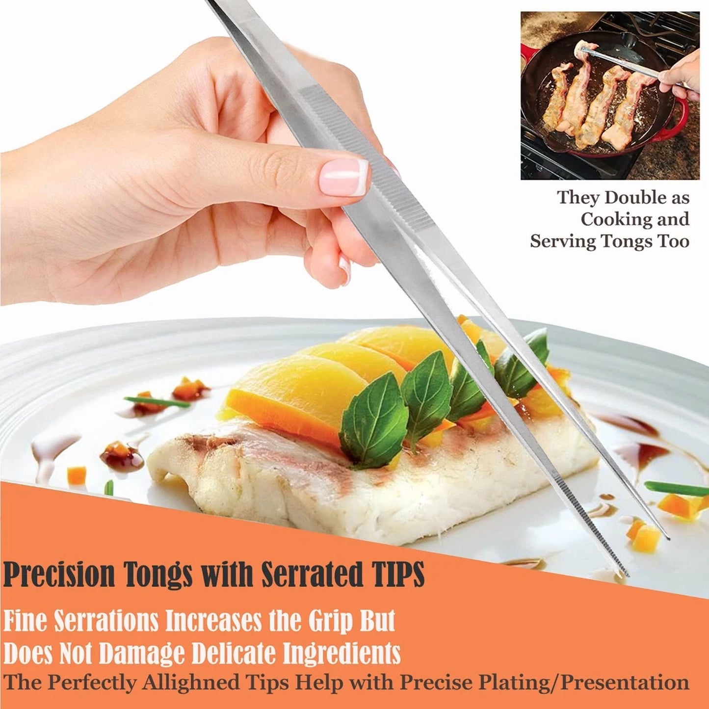 2 Kitchen Tweezers 12? Straight & Curved Precision Serrated Chef Long Food Tongs