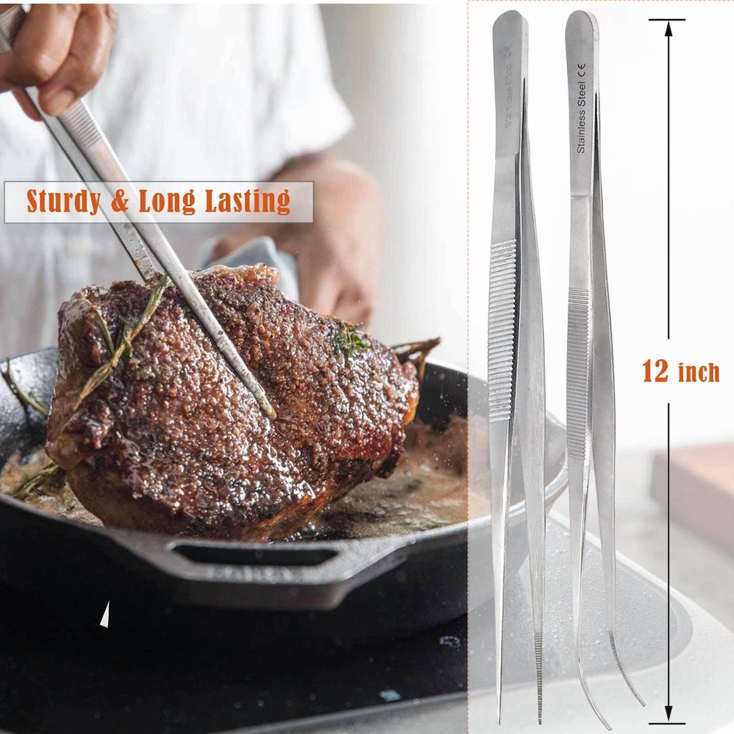 2 Kitchen Tweezers 12? Straight & Curved Precision Serrated Chef Long Food Tongs