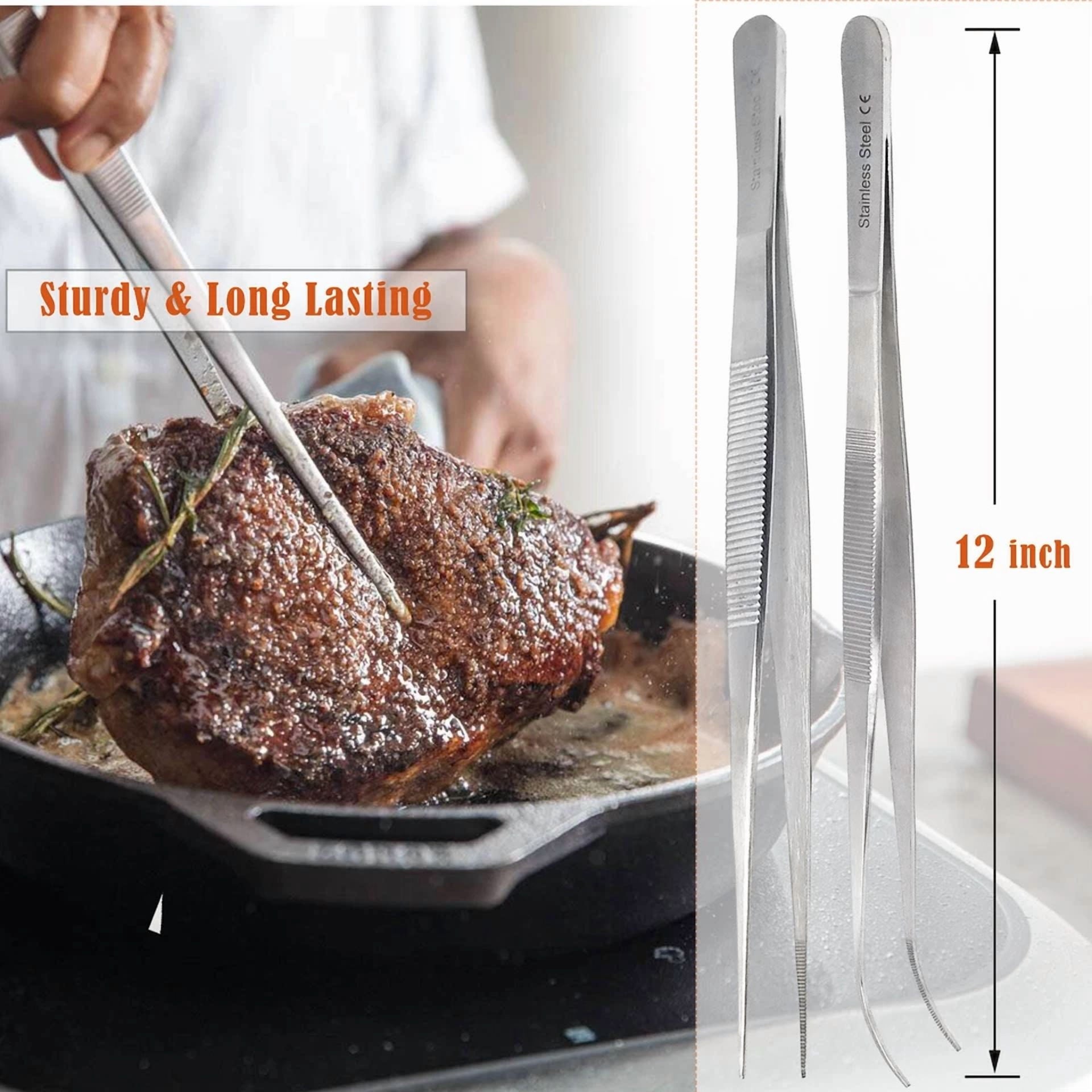 2 Kitchen Tweezers 12? Straight & Curved Precision Serrated Chef Long Food Tongs