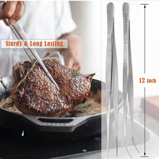 2 Kitchen Tweezers 12? Straight & Curved Precision Serrated Chef Long Food Tongs