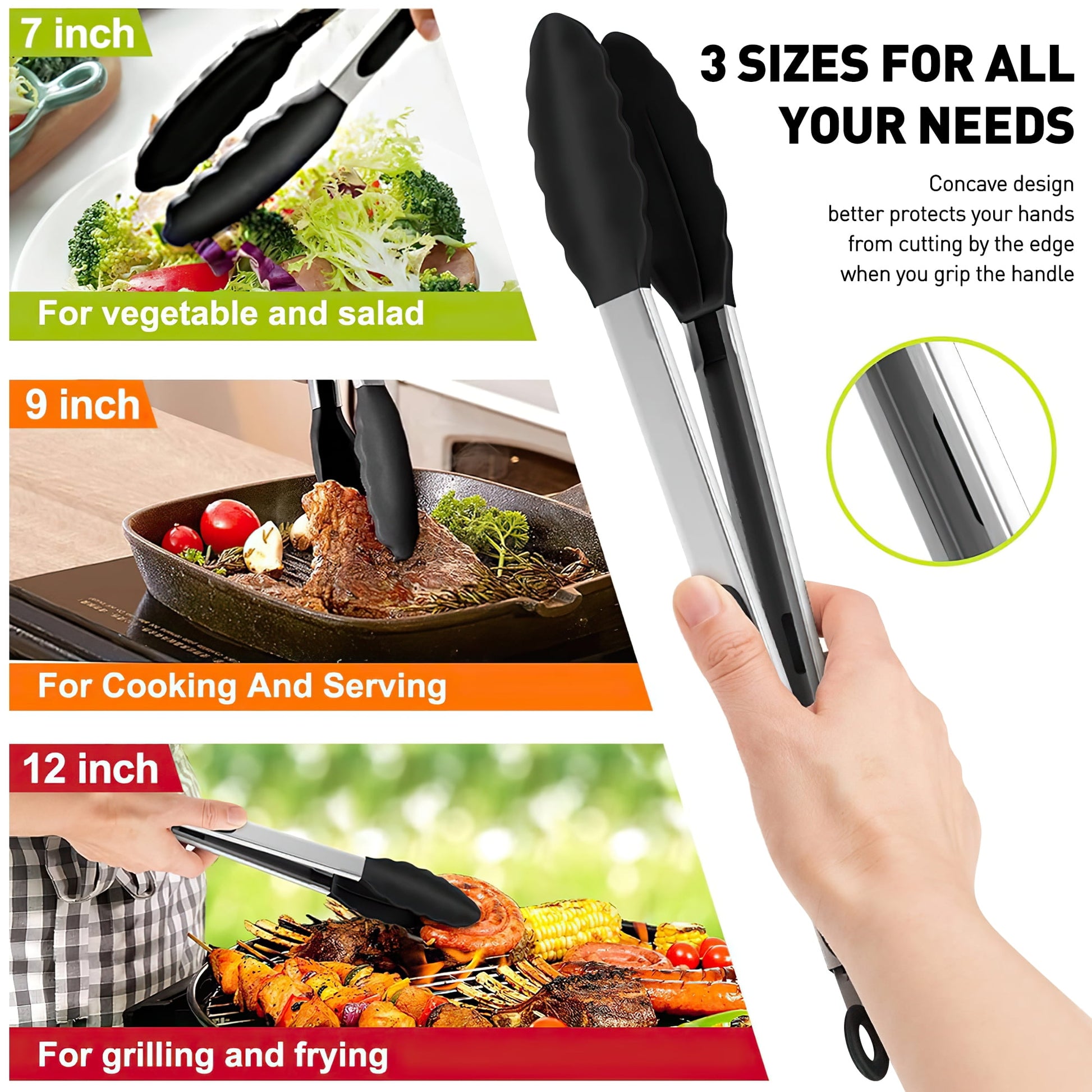 Premium Stainless Steel Locking Kitchen Tongs with Silicone Tips Kitchen Utensils, Grilling Set Including 4 Pieces (7", 9", and 12" Tongs for Cooking), Complete with an Oil Brush