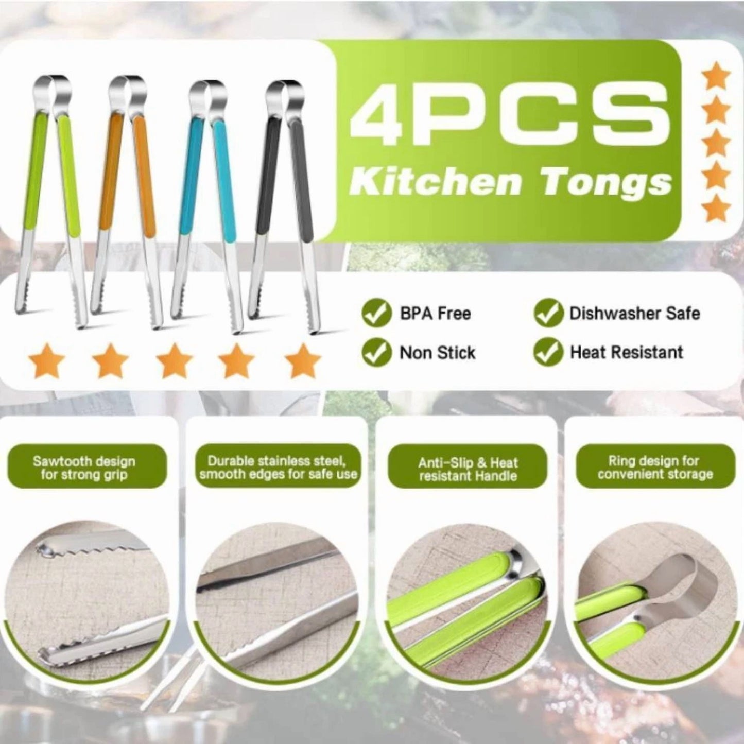 4Pcs Stainless Steel Kitchen Tongs, Serving Tongs For Cooking, 10" Food Tongs
