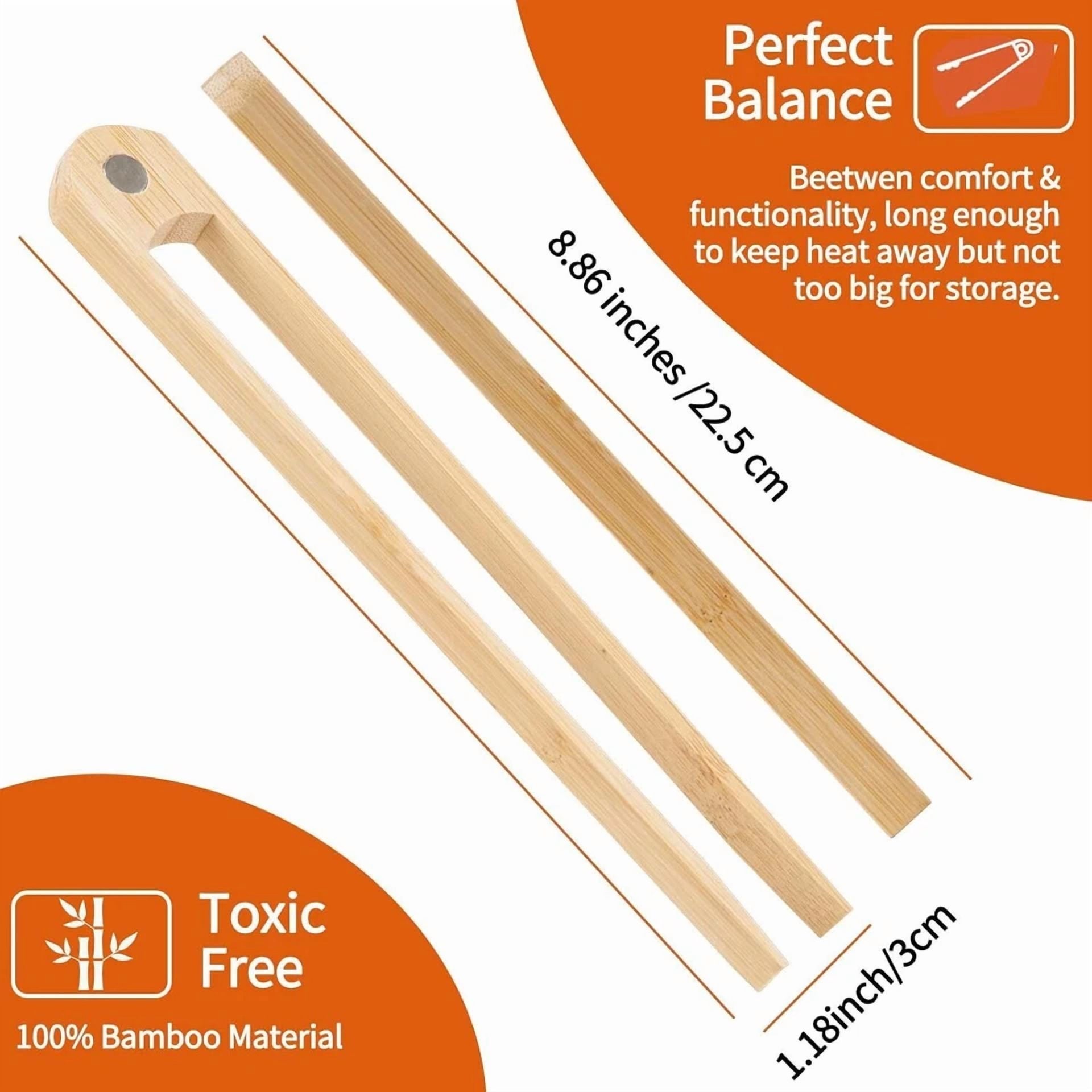 8.9 In Natural Bamboo Toaster Tongs With Magnetic Holder -Kitchen Utensils(1Pk)