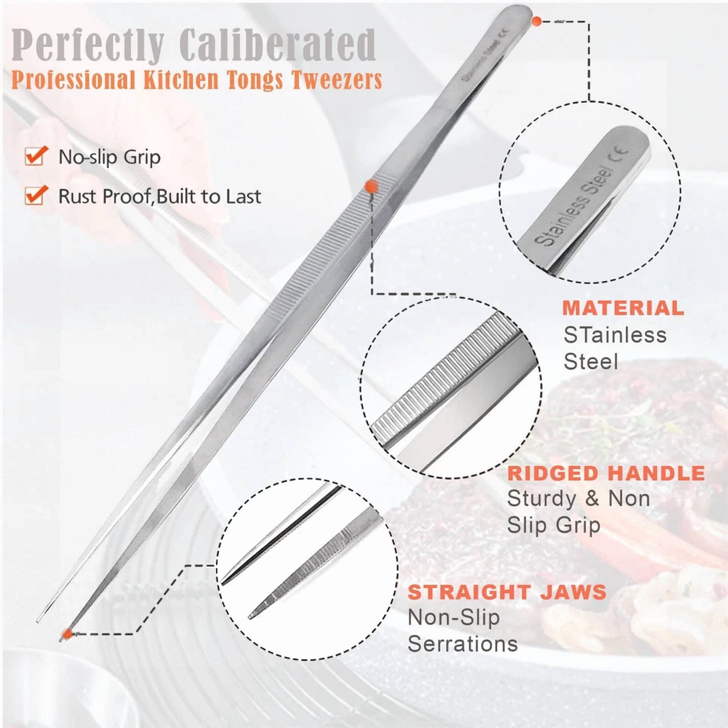 2 Kitchen Tweezers 12? Straight & Curved Precision Serrated Chef Long Food Tongs