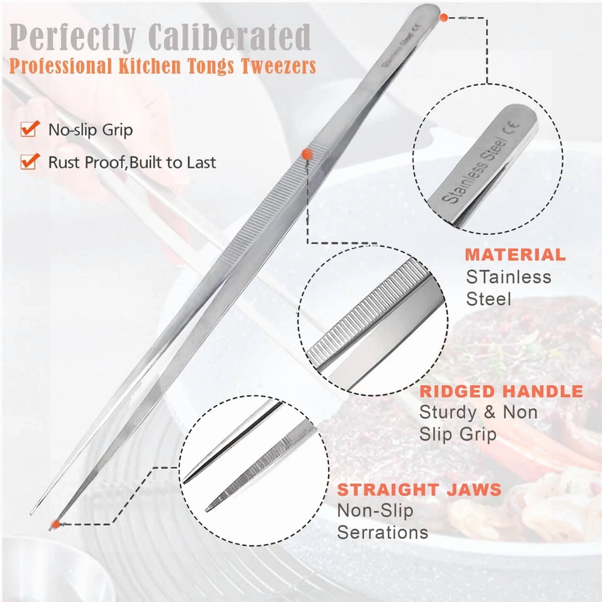 2 Kitchen Tweezers 12? Straight & Curved Precision Serrated Chef Long Food Tongs