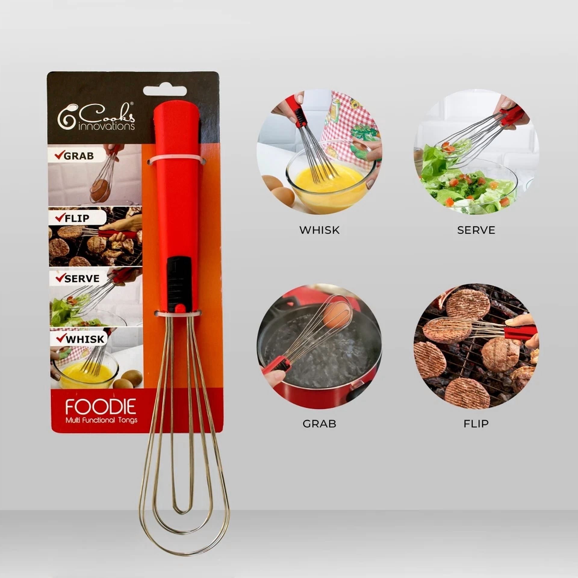 Cooks Innovations Stainless Steel Kitchen Spatula Tongs 6-In-1, Red Handle