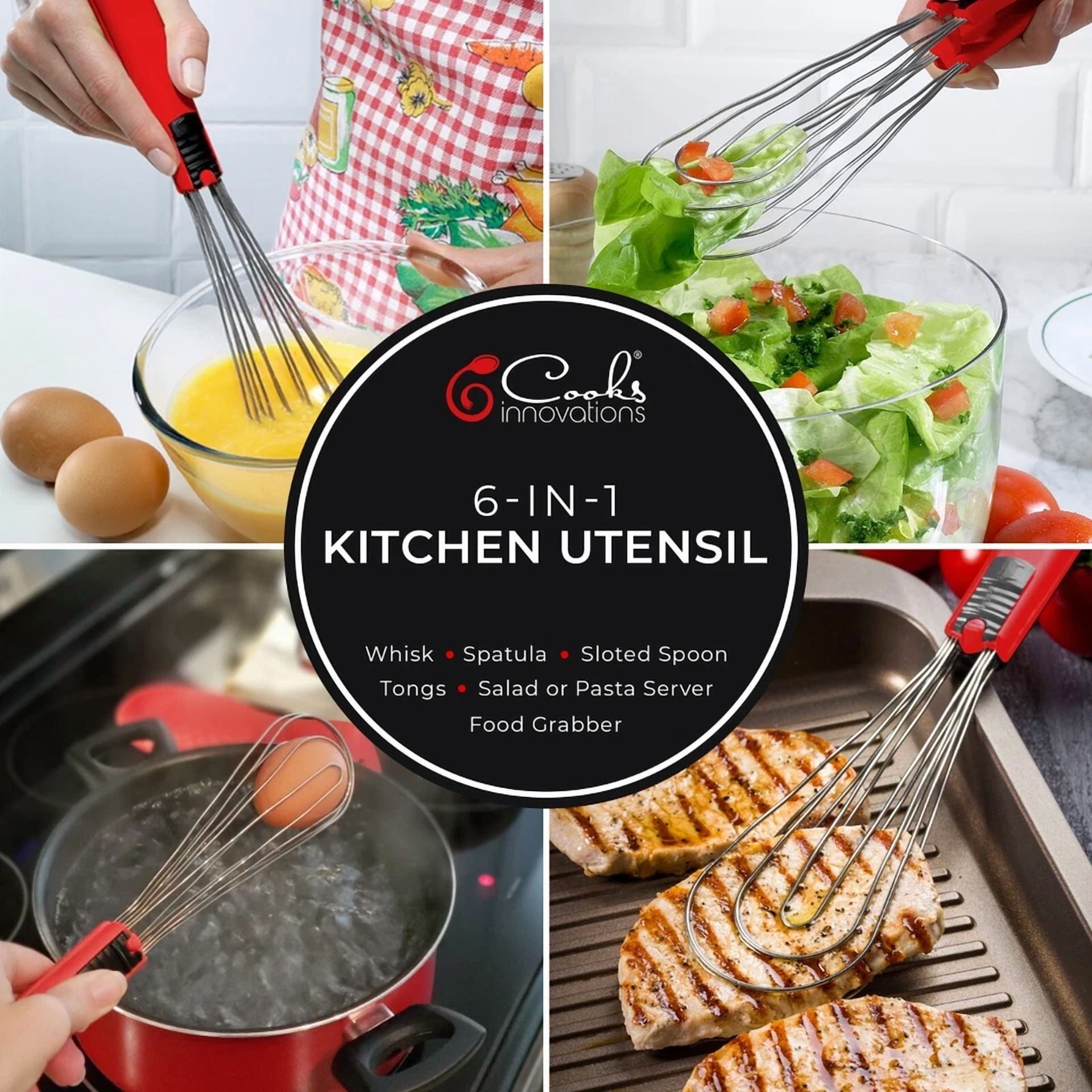 Cooks Innovations Stainless Steel Kitchen Spatula Tongs 6-In-1, Red Handle