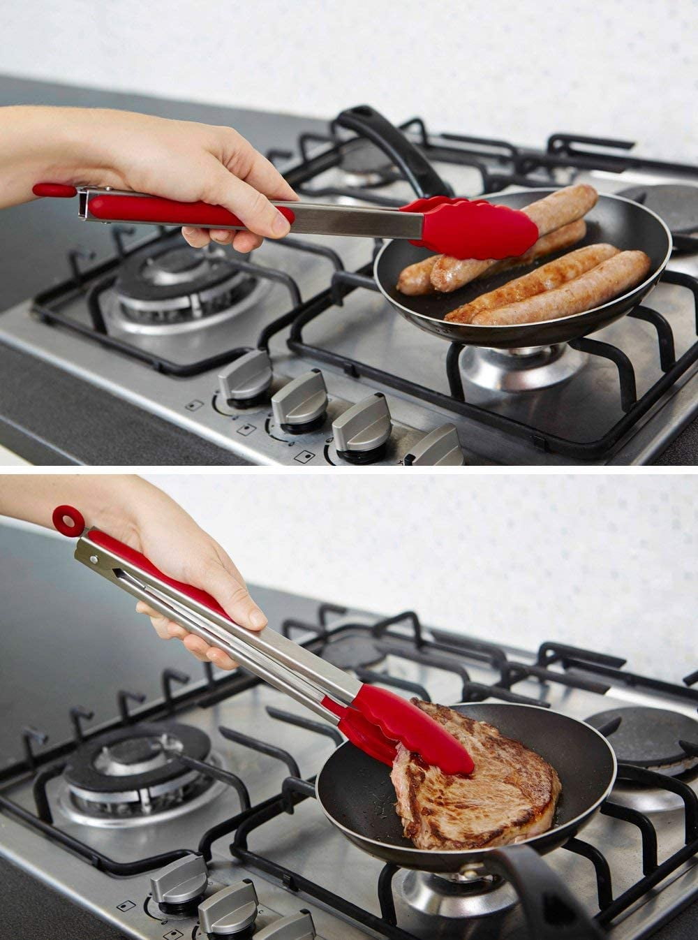StarPack Basics Silicone Kitchen Tongs 12" Stainless Steel with Non-Stick Silicone Tips, Cherry Red