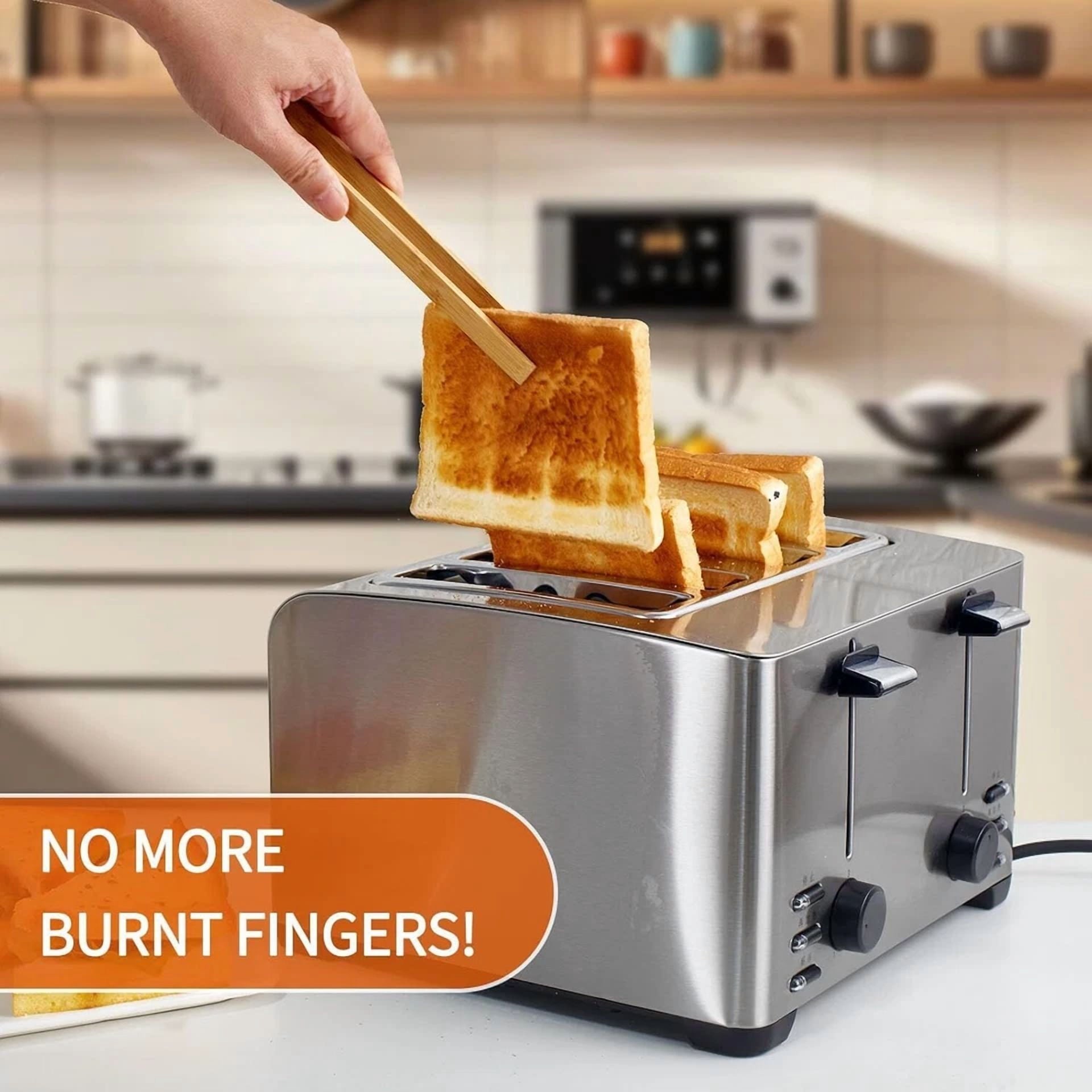 8.9 In Natural Bamboo Toaster Tongs With Magnetic Holder -Kitchen Utensils(1Pk)