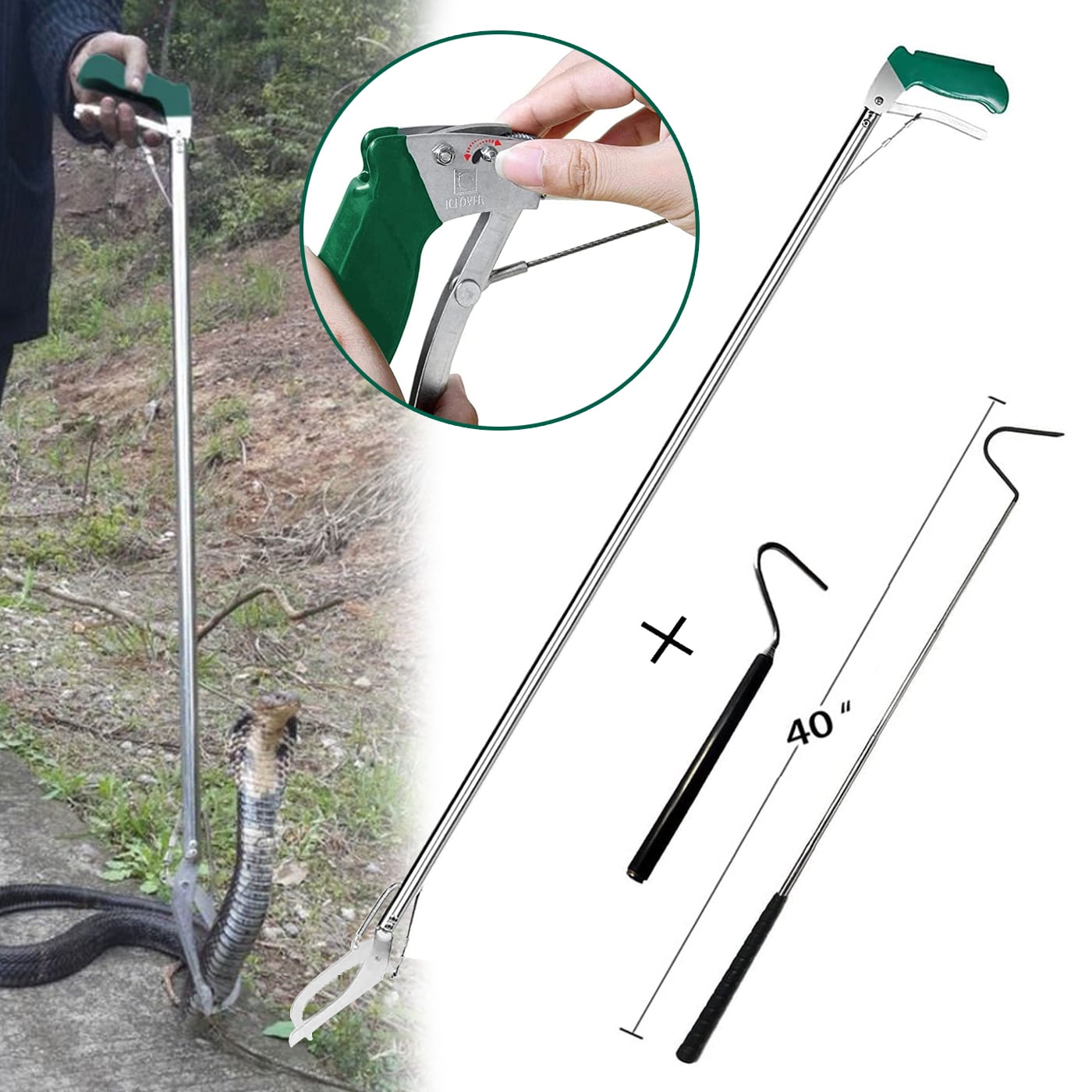 IC ICLOVER 47 inch Professional Standard Snake Tongs Reptile Grabber Rattle Snake Catcher Wide Jaw Handling Tool with Collapsible Stainless Steel Hook