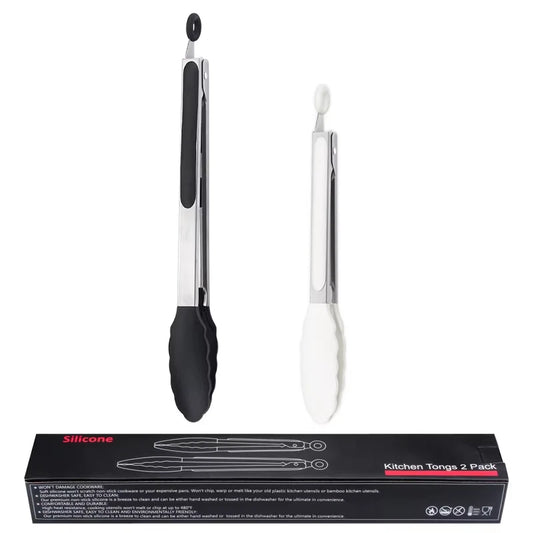 ?Ship Now - Kitchen Food Tongs Silicone Stainless Steel Set | White 9"/Black 12"