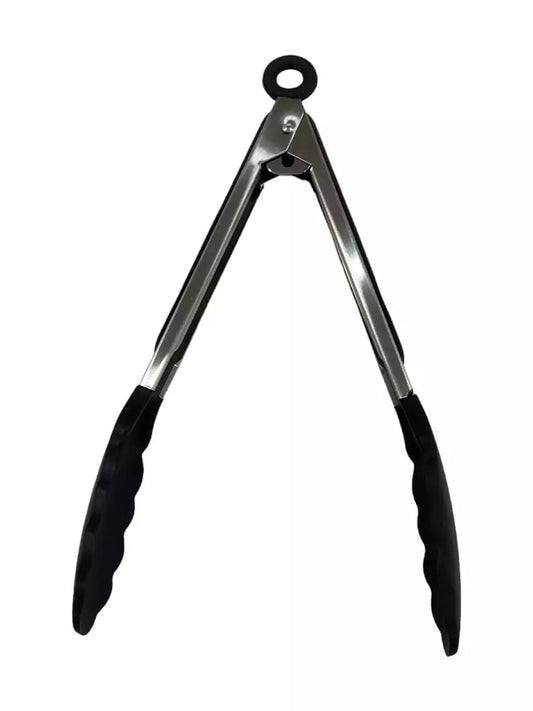 " Sleek And Functional: 9-Inch Stainless Steel Kitchen Tongs With Black Plastic"