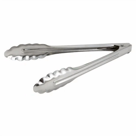 Utility Tong Coiled Spring Scalloped Edges Medium Weight Stainless Steel 9 1/2"