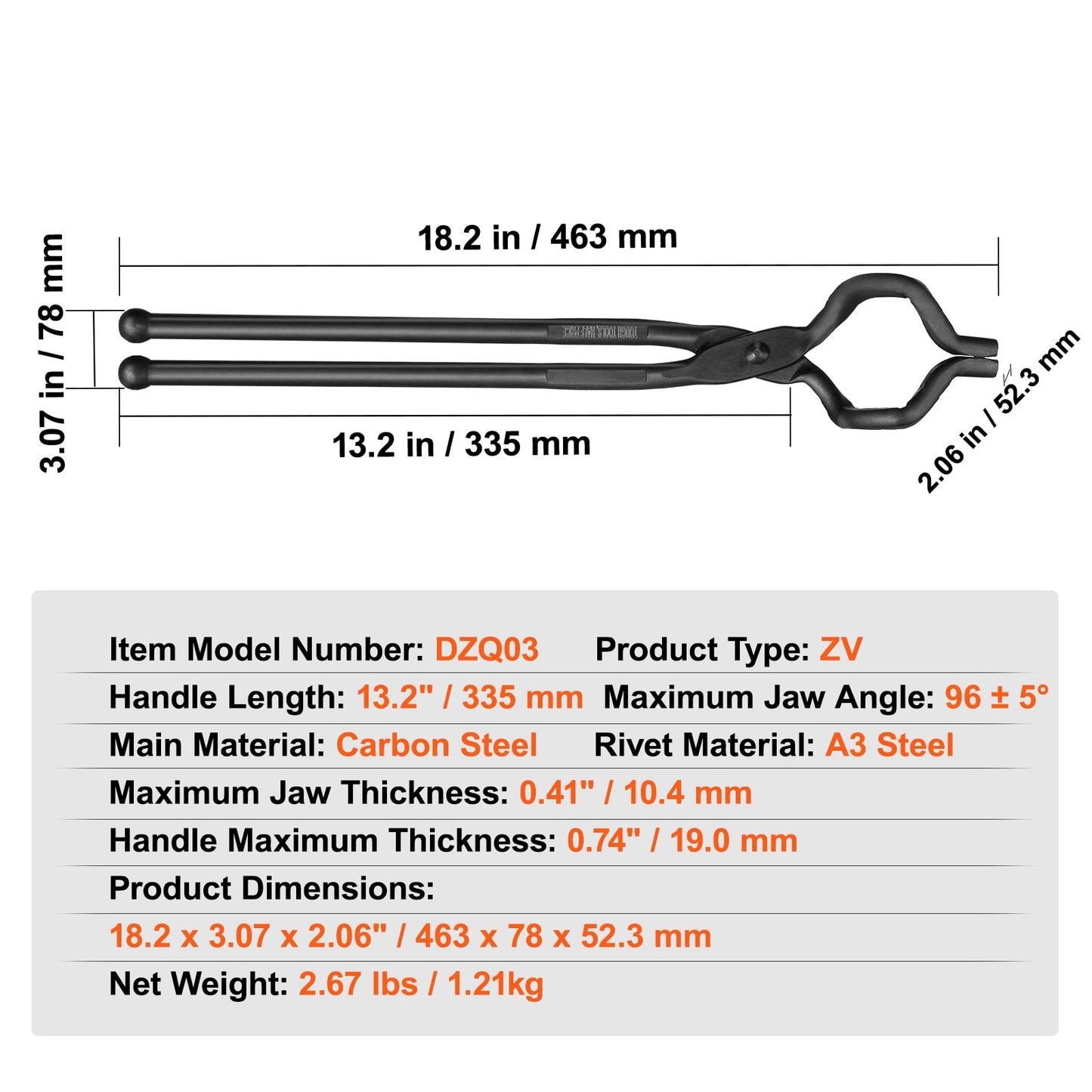 KFFKFF Blacksmith Tongs, 18” Z V-Bit Tools, Crafted from Carbon Steel with A3 Steel Rivets, Suitable for Shaping Knife Blades, Extended Objects, Round Forgings