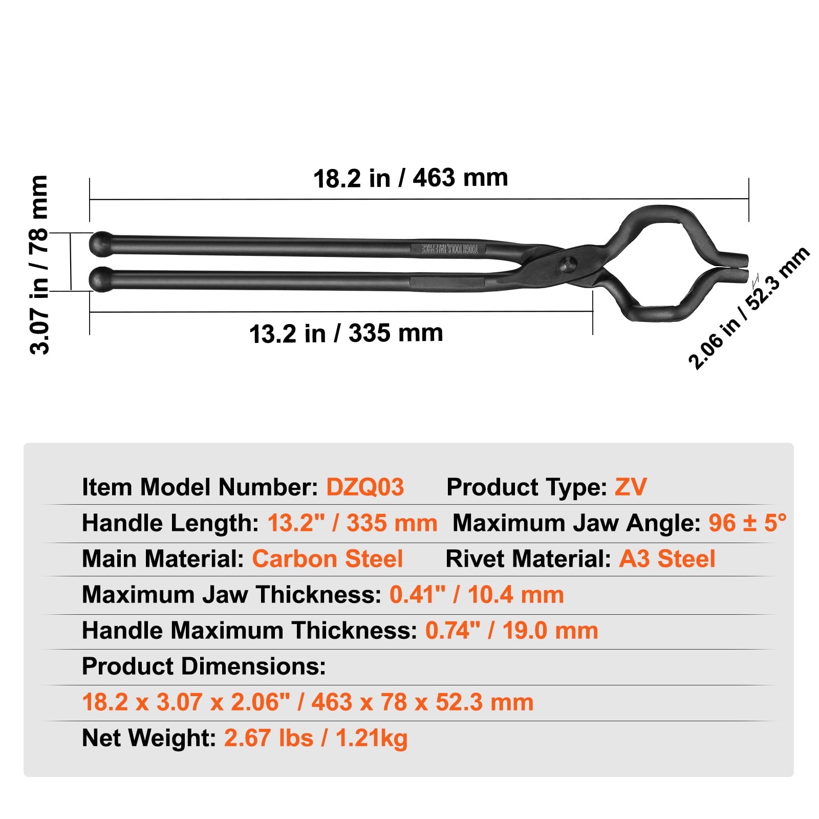 KFFKFF Blacksmith Tongs, 18” Z V-Bit Tools, Crafted from Carbon Steel with A3 Steel Rivets, Suitable for Shaping Knife Blades, Extended Objects, Round Forgings