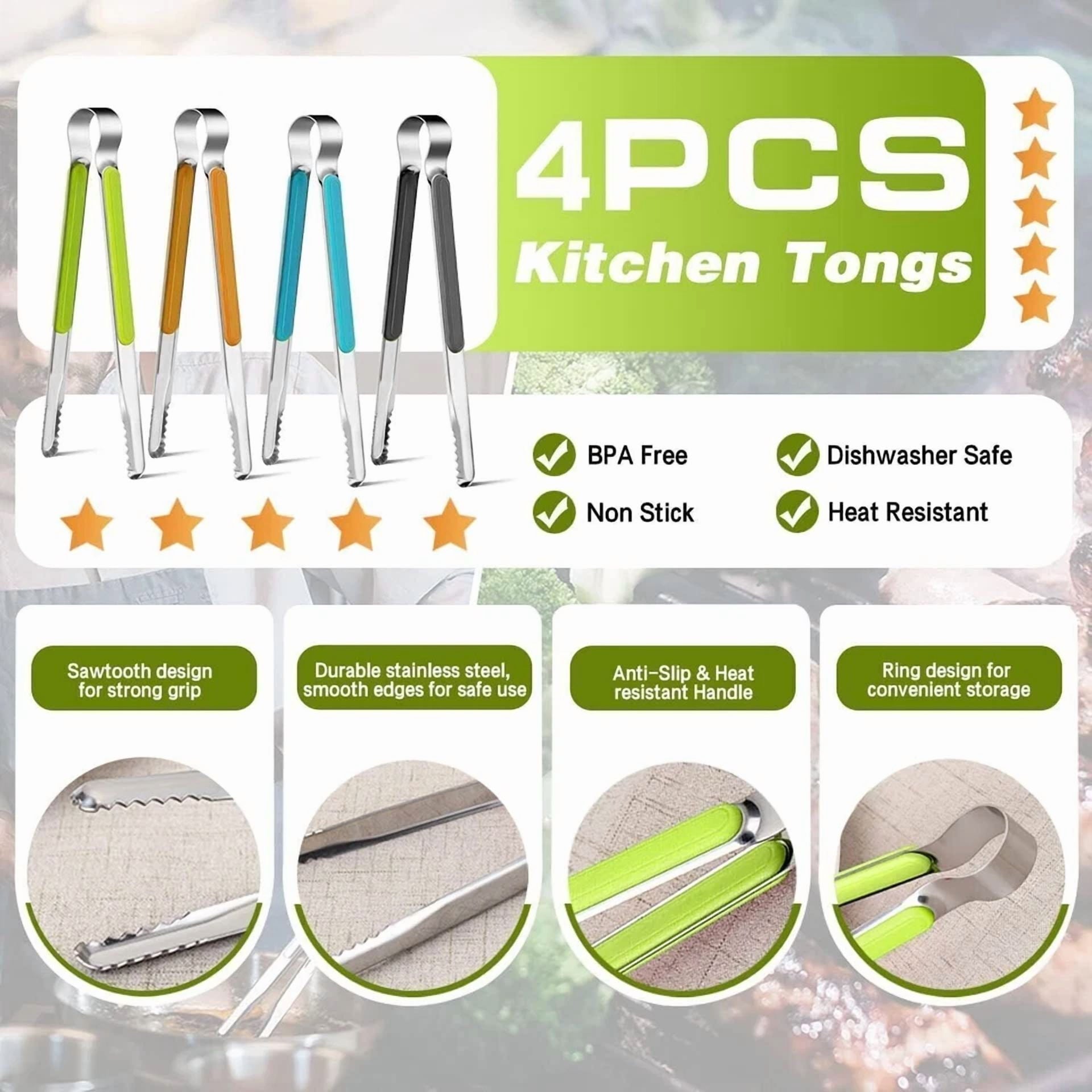 Opal-4Pcs Stainless Steel Kitchen Tongs Serving Tongs For Cooking 10"Metal Food Tongs