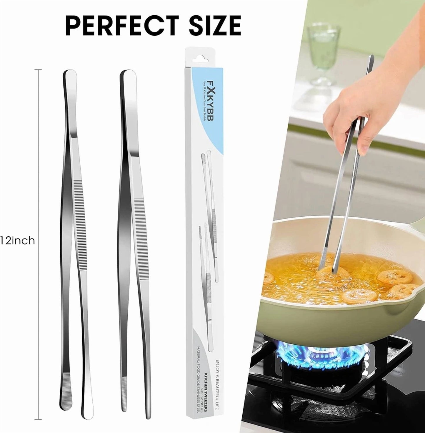 2 Pcs 12-Inch Stainless Steel Kitchen Utensils, Cooking Tongs, Kitchen Tweezers