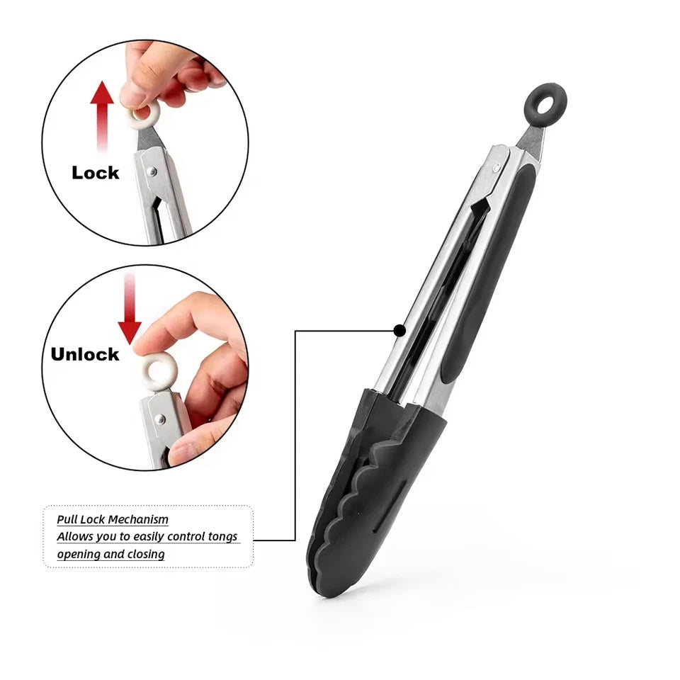 ?Ship Now - Kitchen Food Tongs Silicone Stainless Steel Set | White 9"/Black 12"