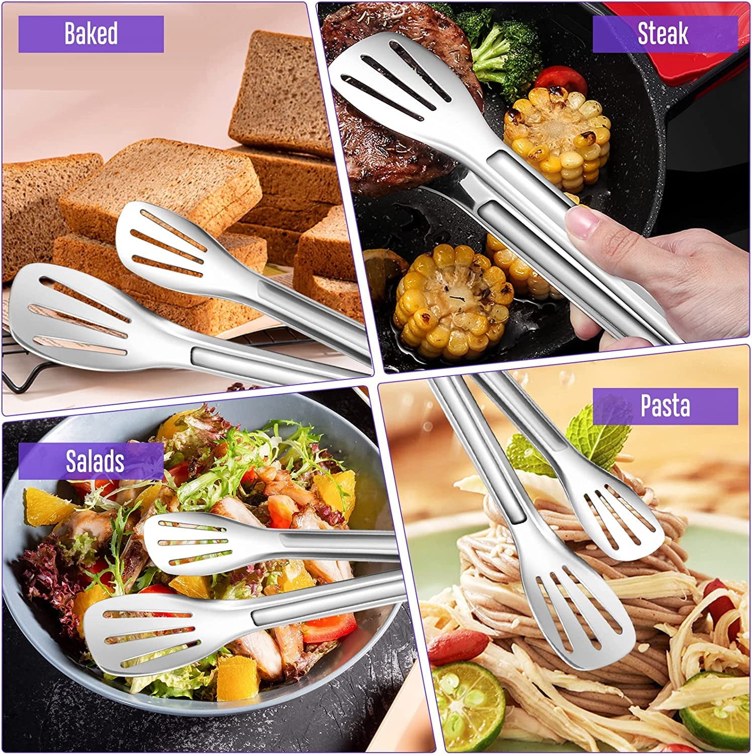 TAZEMAT 6 Pack Serving Tongs Kitchen Tongs,Buffet Tongs, Stainless Steel Food Tong Serving Tong,small tongs (9 Inch)