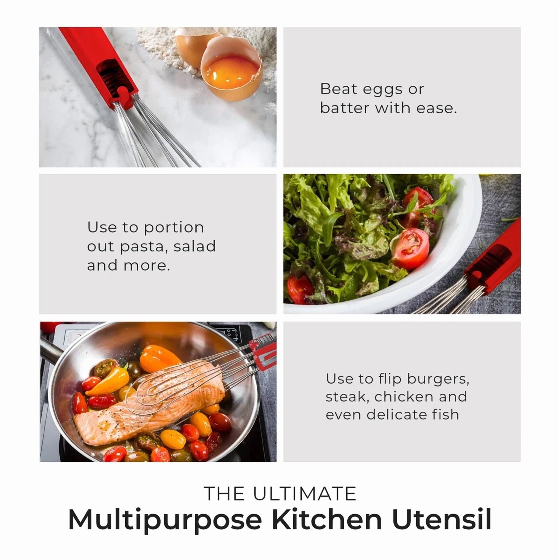 Cooks Innovations Stainless Steel Kitchen Spatula Tongs 6-In-1, Red Handle