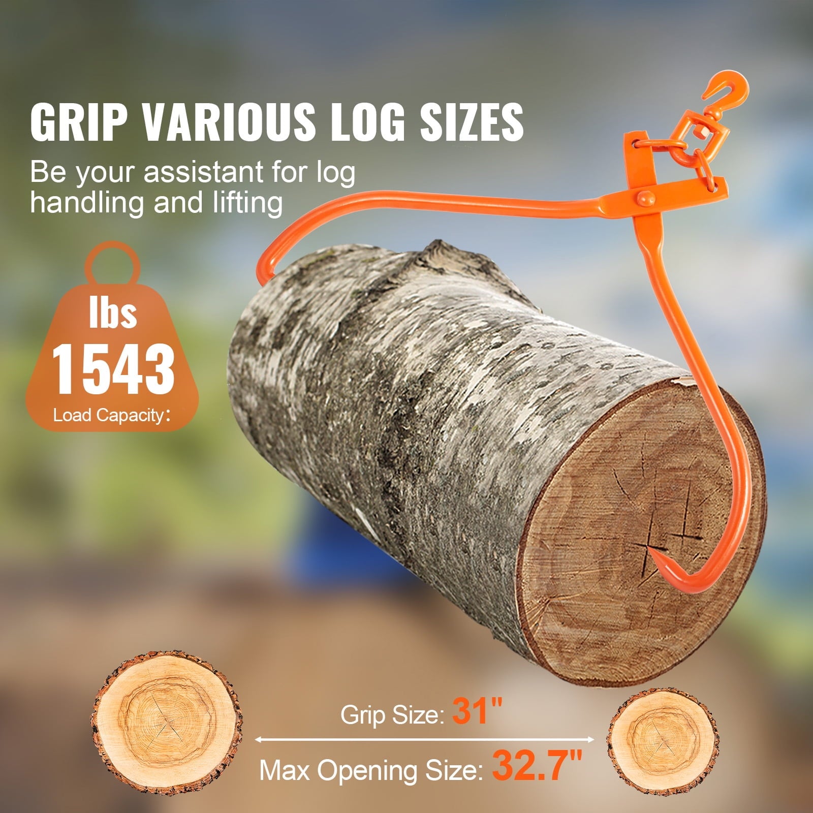 KFFKFF Lumber Handling Tongs, 32-inch 2-Pronged Log Lifting Tool, Robust Rotating Steel Wood Skidding Tongs, 1543 lbs/700 kg Load Limit, Ideal for Log Lifting, Management, Dragging & Transport