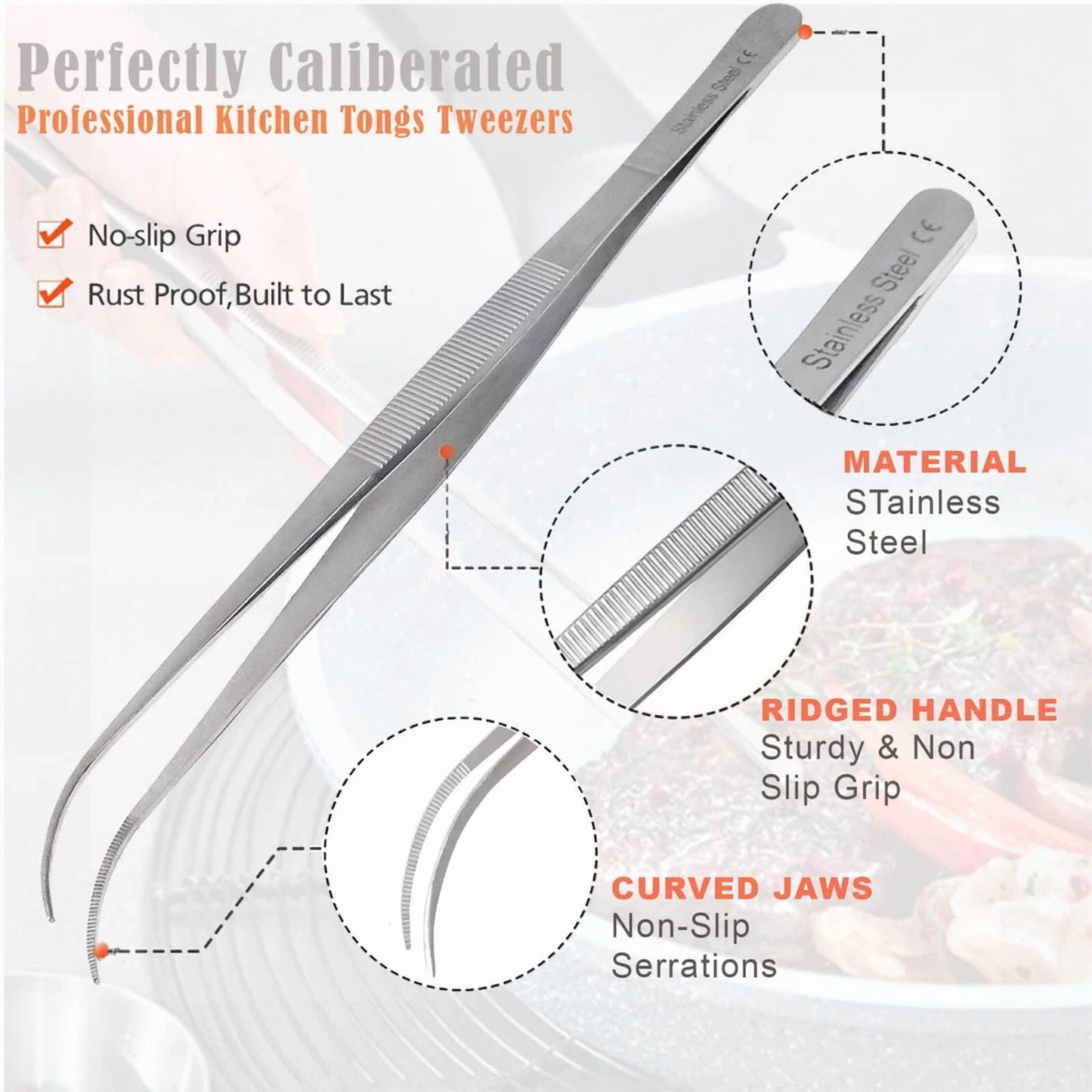 2 Kitchen Tweezers 12? Straight & Curved Precision Serrated Chef Long Food Tongs