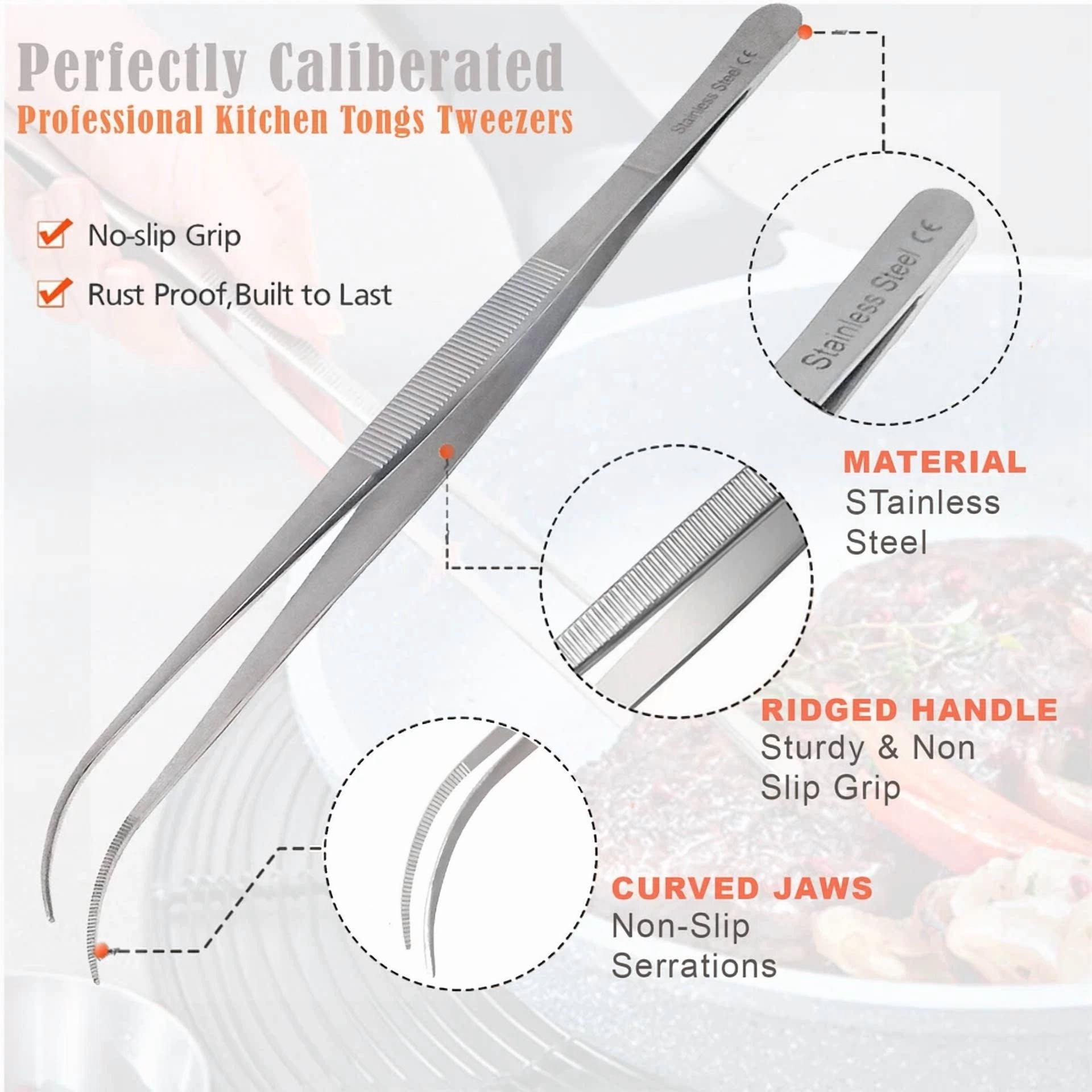 2 Kitchen Tweezers 12? Straight & Curved Precision Serrated Chef Long Food Tongs