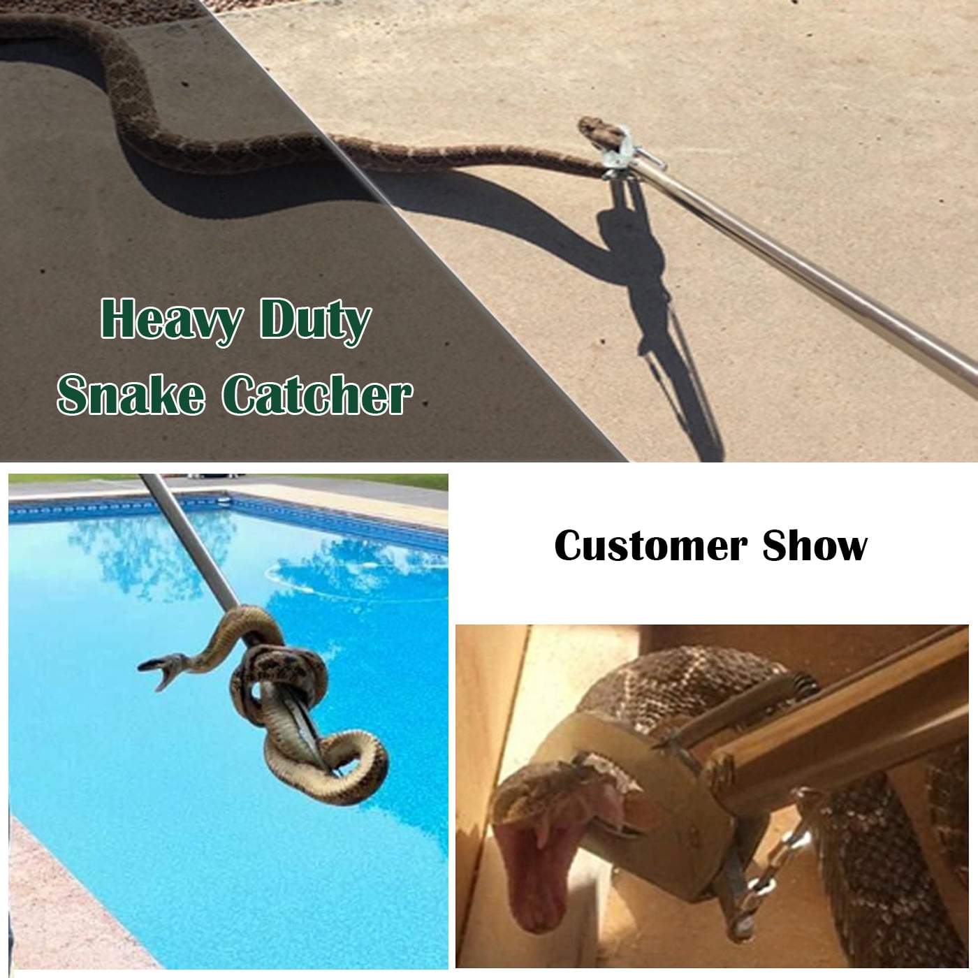 IC ICLOVER 47 inch Professional Standard Snake Tongs Reptile Grabber Rattle Snake Catcher Wide Jaw Handling Tool with Collapsible Stainless Steel Hook