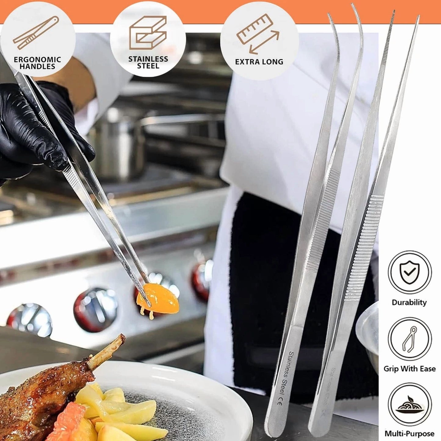 2 Kitchen Tweezers 12? Straight & Curved Precision Serrated Chef Long Food Tongs