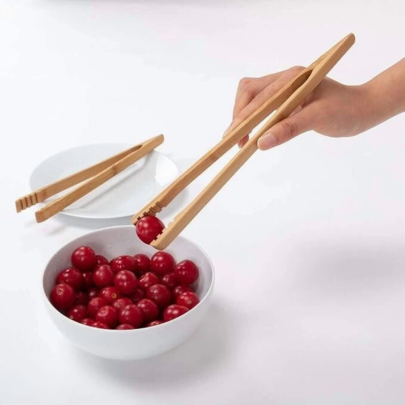 2-Pack Bamboo Toast Tongs 10.2" Long, Anti-Slip Wooden Toaster Cooking Tongs