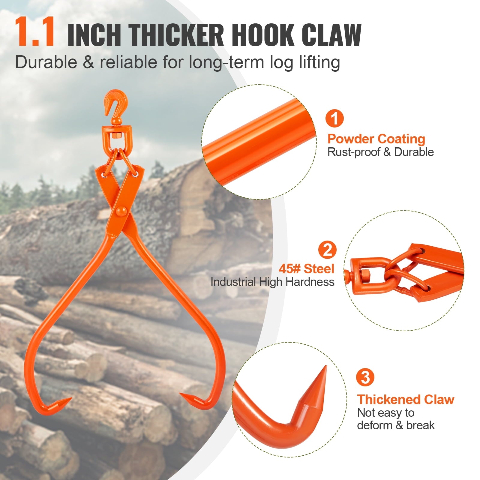 KFFKFF Lumber Handling Tongs, 32-inch 2-Pronged Log Lifting Tool, Robust Rotating Steel Wood Skidding Tongs, 1543 lbs/700 kg Load Limit, Ideal for Log Lifting, Management, Dragging & Transport