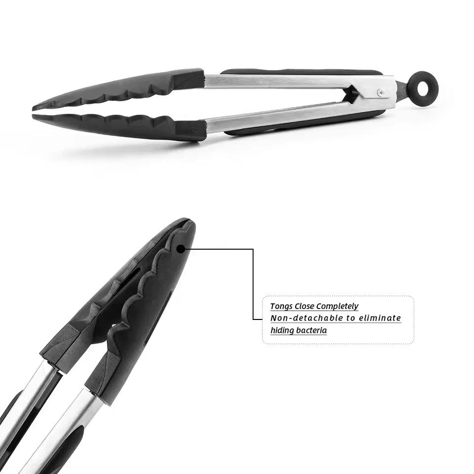 ?Ship Now - Kitchen Food Tongs Silicone Stainless Steel Set | White 9"/Black 12"
